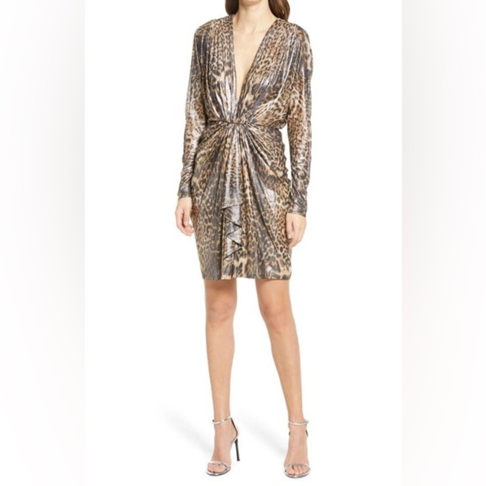 TADASHI SHOJI ANIMAL PRINT PLUNGE NECK RUCHED LONG SLEEVE DRESS IN LEOPARD